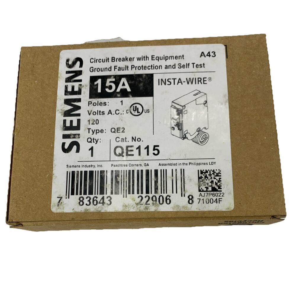 SIEMENS QE115 120Vac/15A Cir Bkr/Equipment Gnd Fault Protection, NOS.{G6B}